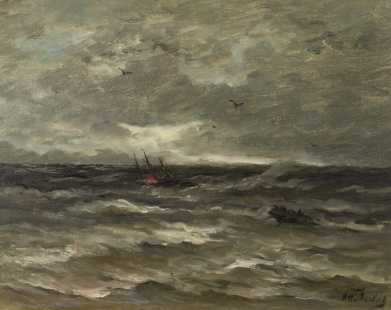 Mesdag H.W. | Hendrik Willem Mesdag, Brandend schip op zee, olieverf op doek 40,0 x 50,0 cm, gesigneerd rechtsonder Mesdag H.W. | Hendrik Willem Mesdag, Brandend schip op zee, olieverf op doek 40,0 x 50,0 cm, gesigneerd rechtsonder