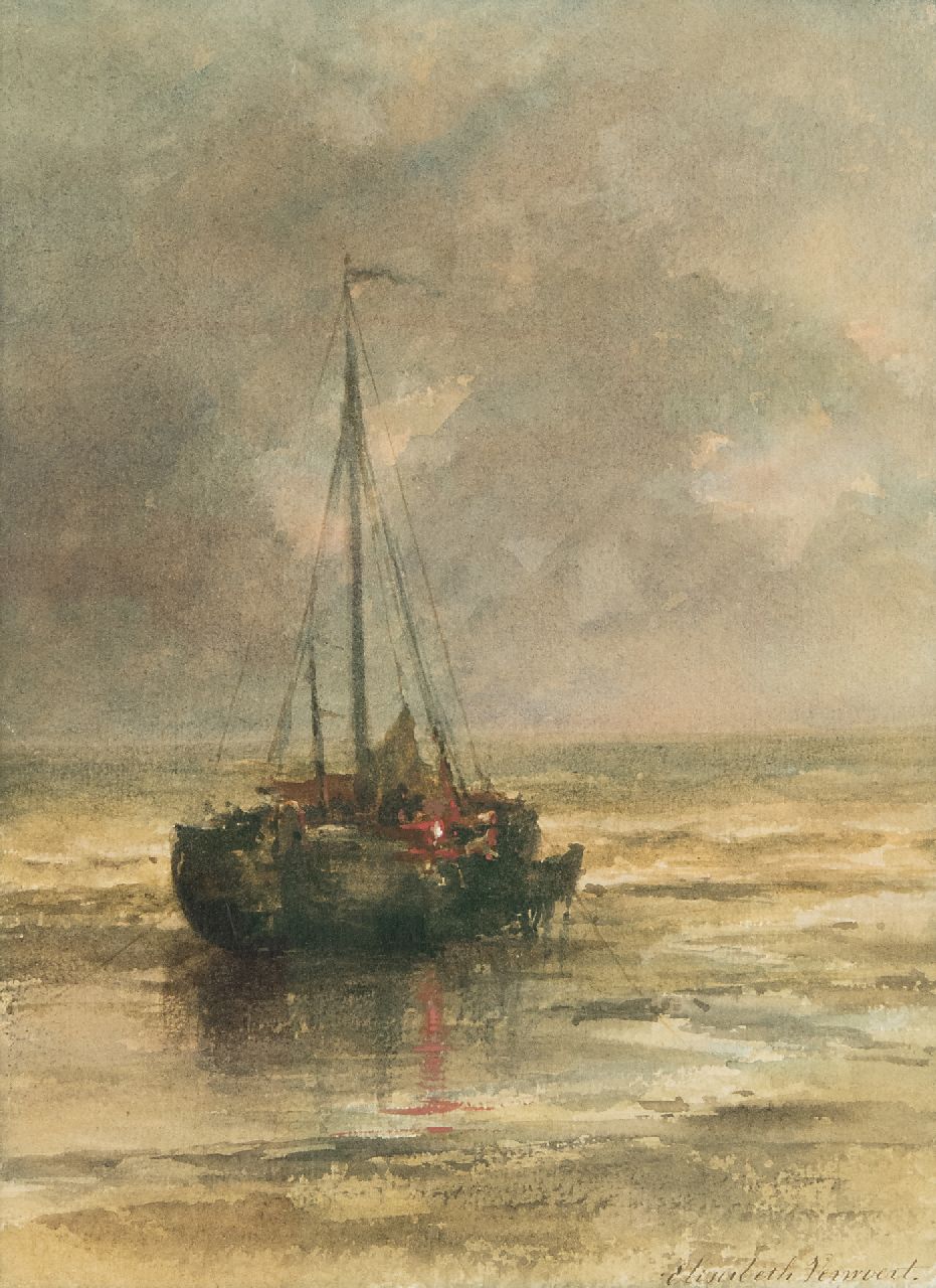Verwoert M.E. | Maria 'Elisabeth' Verwoert | Aquarellen en tekeningen te koop aangeboden | Bomschuit voor anker voor het strand, aquarel op papier 29,8 x 22,2 cm, gesigneerd rechtsonder Verwoert M.E. | Maria 'Elisabeth' Verwoert | Aquarellen en tekeningen te koop aangeboden | Bomschuit voor anker voor het strand, aquarel op papier 29,8 x 22,2 cm, gesigneerd rechtsonder