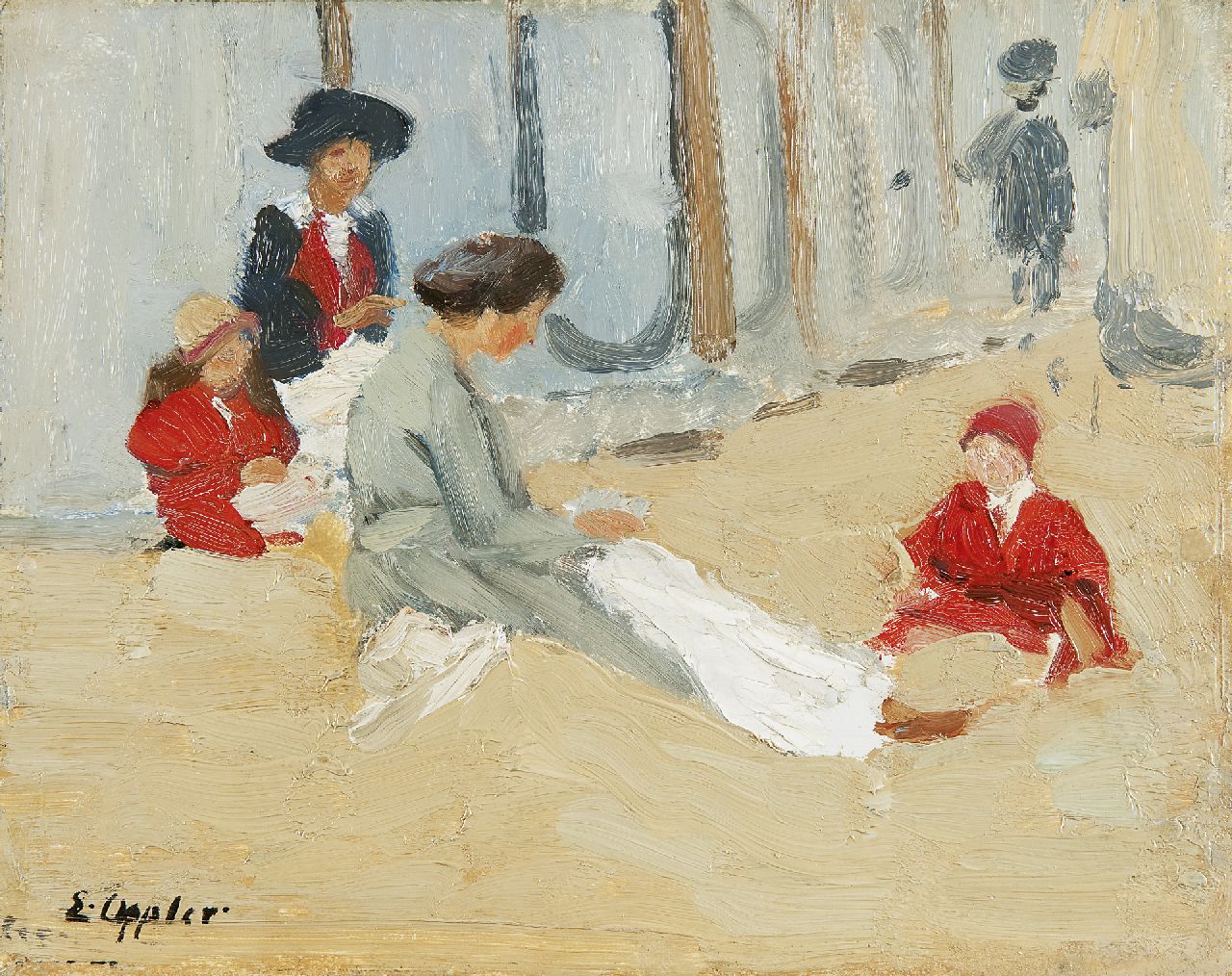 Oppler E. | Ernst Oppler, Vrouwen en kinderen op het strand van Dieppe, olieverf op paneel 23,5 x 29,3 cm, gesigneerd linksonder en te dateren ca. 1910-1912 Oppler E. | Ernst Oppler, Vrouwen en kinderen op het strand van Dieppe, olieverf op paneel 23,5 x 29,3 cm, gesigneerd linksonder en te dateren ca. 1910-1912