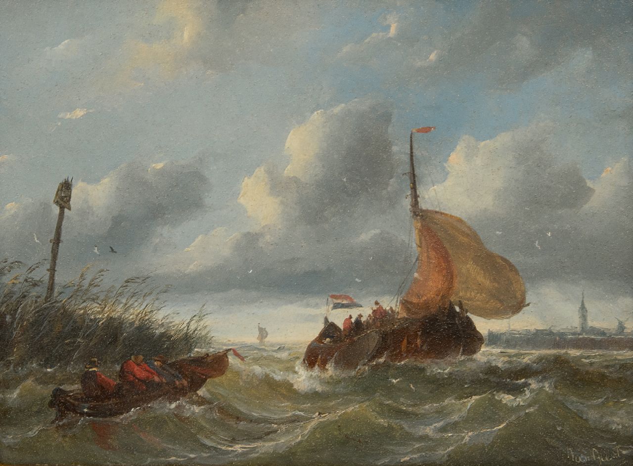 Beest A. van | Albertus van Beest, Boeier in woelige haveningang, olieverf op paneel 23,5 x 33,6 cm, gesigneerd rechtsonder