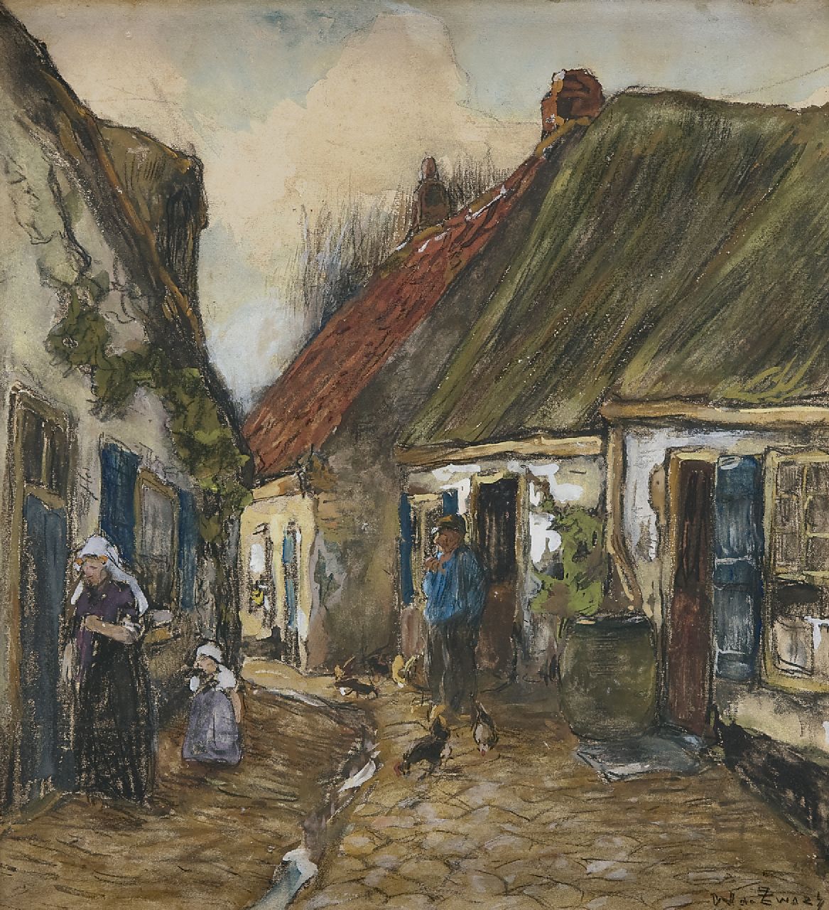 Zwart W.H.P.J. de | Wilhelmus Hendrikus Petrus Johannes 'Willem' de Zwart, Dorpsstraatje, houtskool, aquarel en gouache op papier 28,0 x 30,6 cm, gesigneerd rechtsonder