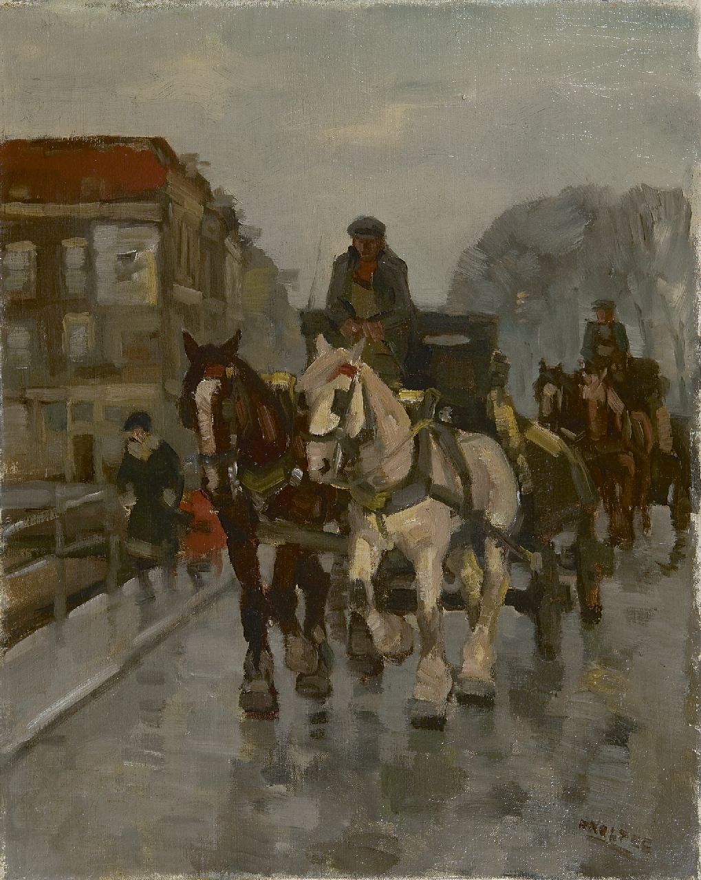 Noltee B.C. | Bernardus Cornelis 'Cor' Noltee, Sleperswagens op een brug, olieverf op doek 50,4 x 40,7 cm, gesigneerd rechtsonder Noltee B.C. | Bernardus Cornelis 'Cor' Noltee, Sleperswagens op een brug, olieverf op doek 50,4 x 40,7 cm, gesigneerd rechtsonder