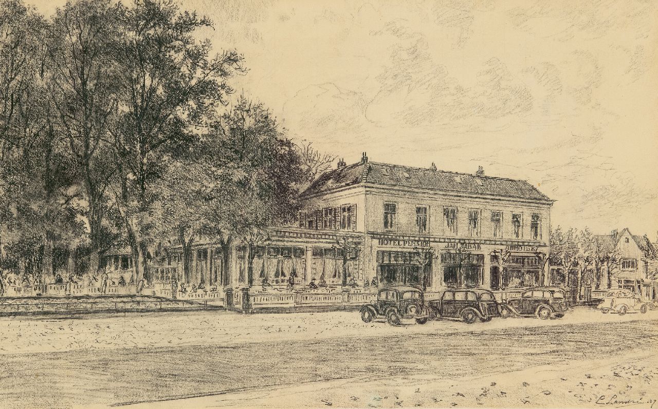 Landré J.C.L.  | Jean Charles 'Louis' Landré | Aquarellen en tekeningen te koop aangeboden | Hotel Jan Tabak, Bussum, krijt op papier 32,0 x 51,5 cm, gesigneerd rechtsonder en gedateerd '37