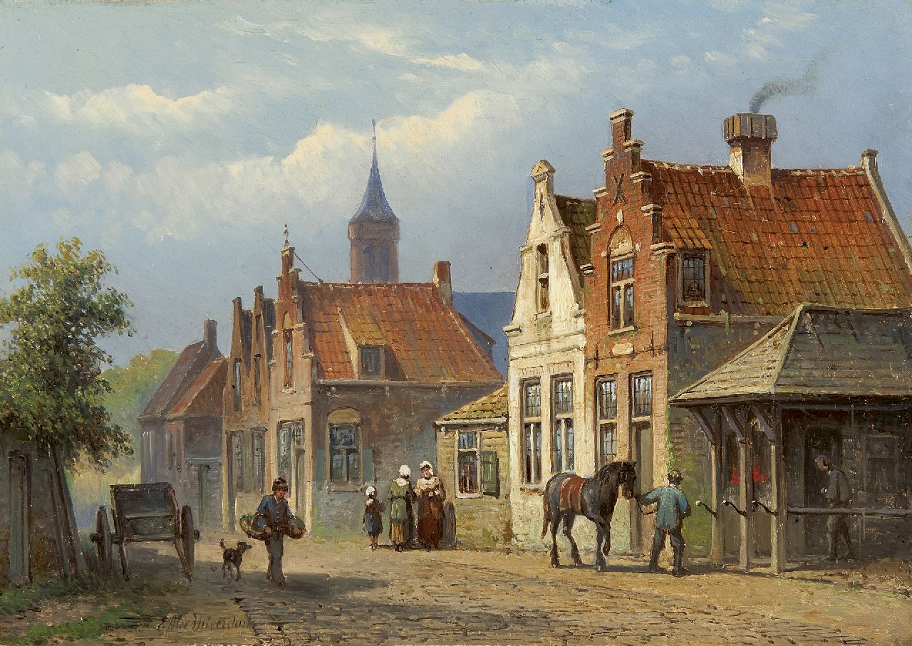 Hilverdink E.A.  | Eduard Alexander Hilverdink, Zonnig straatje met hoefsmid, olieverf op paneel 22,8 x 32,0 cm, gesigneerd linksonder