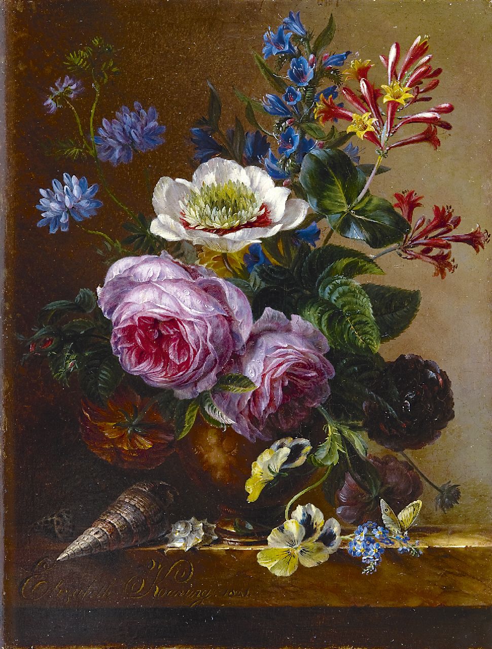 Koning E.J.  | Elisabeth Johanna Koning, Pronkstilleven op marmeren plint, olieverf op paneel 35,1 x 26,7 cm, gesigneerd linksonder en gedateerd 1841