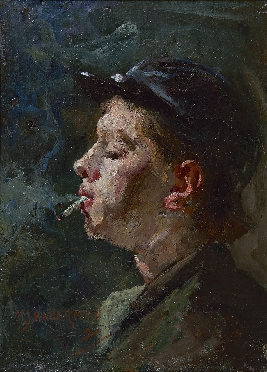 Haverman H.J. | Hendrik Johannes Haverman, Rokende jongen, olieverf op doek 35,3 x 25,7 cm, gesigneerd linksonder Haverman H.J. | Hendrik Johannes Haverman, Rokende jongen, olieverf op doek 35,3 x 25,7 cm, gesigneerd linksonder
