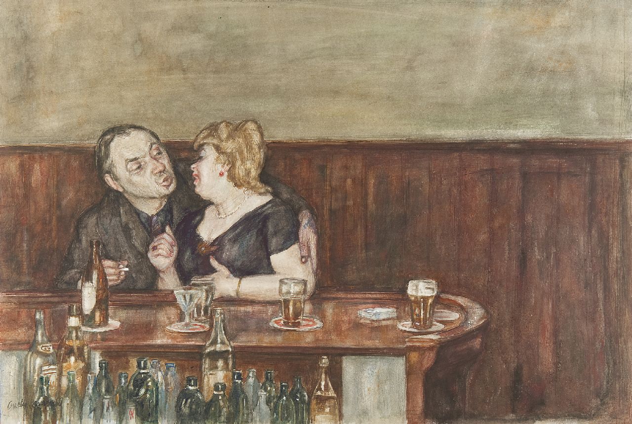 Kemper C.J. | Charles Jean Kemper | Aquarellen en tekeningen te koop aangeboden | De schilder Jan Burgerhout met geliefde in een café, aquarel op papier 49,6 x 74,2 cm, gesigneerd linksonder en gedateerd '68 Kemper C.J. | Charles Jean Kemper | Aquarellen en tekeningen te koop aangeboden | De schilder Jan Burgerhout met geliefde in een café, aquarel op papier 49,6 x 74,2 cm, gesigneerd linksonder en gedateerd '68