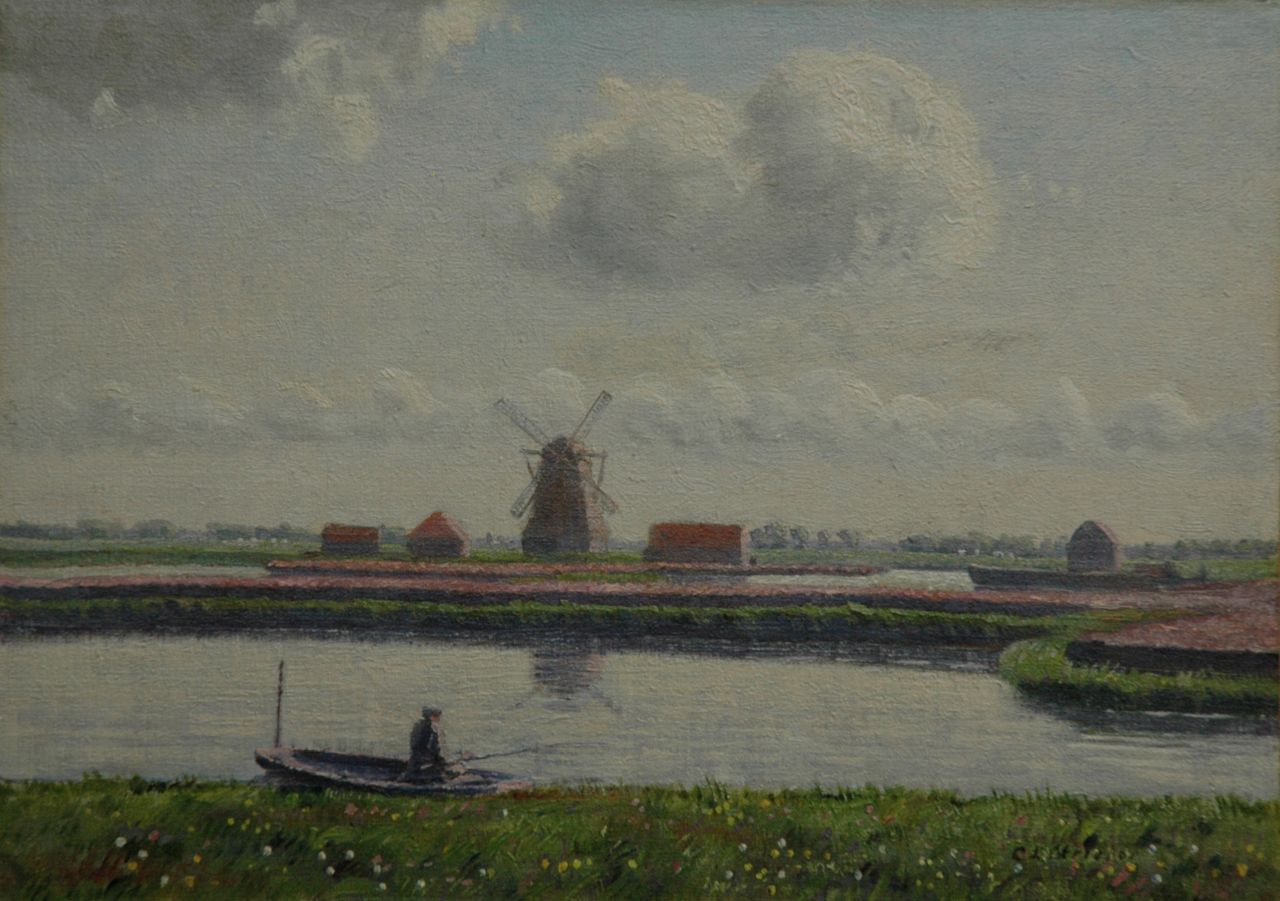 Charles Ludwig Stricker | Landschap bij Nieuwer-Amstel, met de Koenenmolen en bollenvelden, olieverf op doek op board, 24,5 x 34,5 cm, gesigneerd r.o. en te dateren mei 1918
