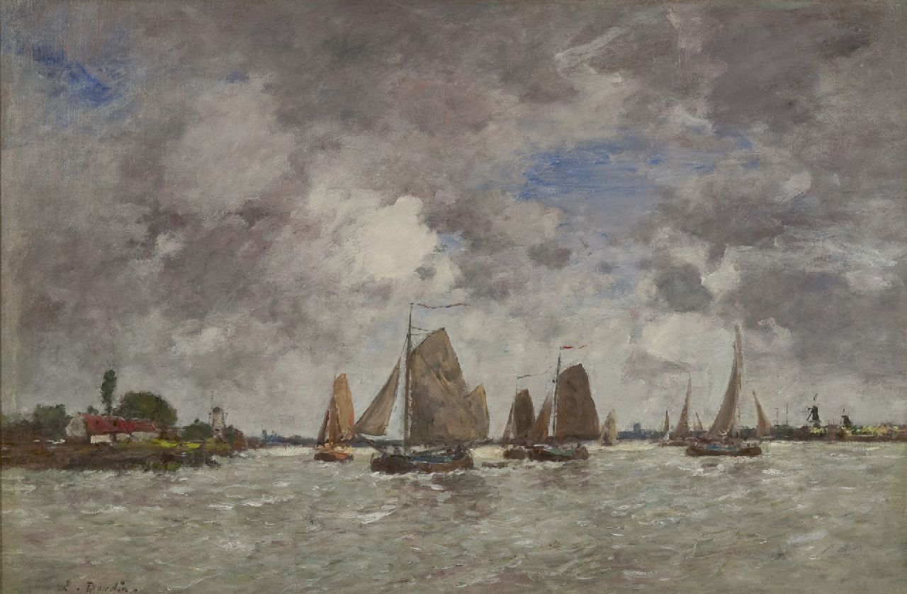 Boudin E.L.  | 'Eugène' Louis Boudin, Zeilschepen op de Maas, olieverf op doek 49,7 x 74,2 cm, gesigneerd linksonder