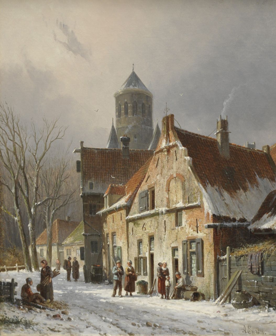 Eversen A. | Adrianus Eversen, Winters stadsgezicht met figuren, olieverf op doek 44,7 x 36,7 cm, gesigneerd rechtsonder Eversen A. | Adrianus Eversen, Winters stadsgezicht met figuren, olieverf op doek 44,7 x 36,7 cm, gesigneerd rechtsonder