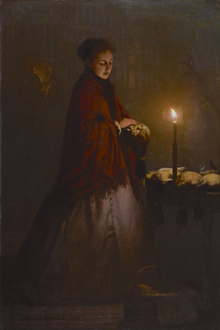 Schendel P. van | Petrus van Schendel, Bij de wildstal op de Groenmarkt in Den Haag (alleen tezamen met pendant van 'Wildverkoper' 14606), olieverf op paneel 45,0 x 30,3 cm, gesigneerd linksonder en gedateerd 1868