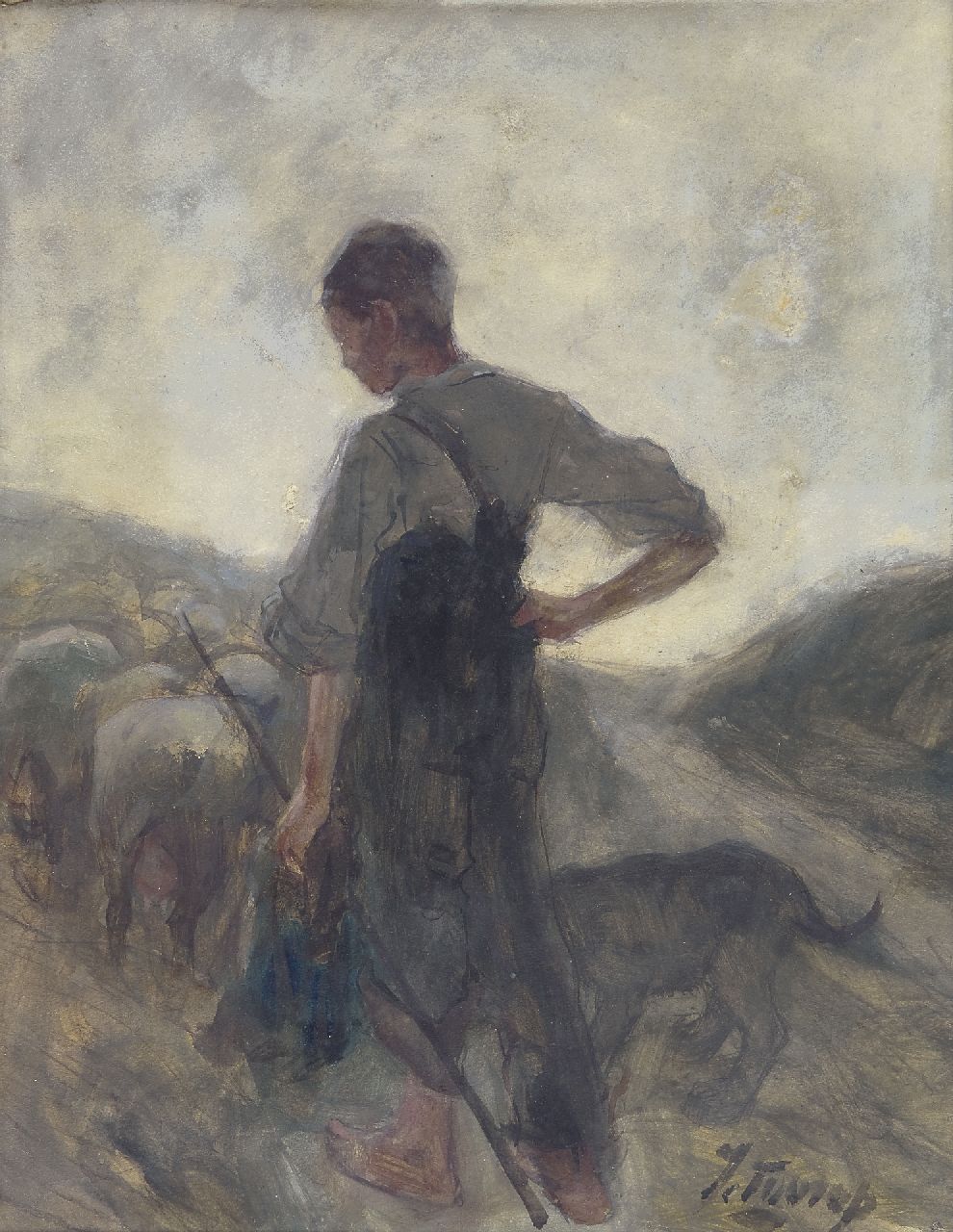 Toorop J.Th.  | Johannes Theodorus 'Jan' Toorop, Schaapherder met hond en kudde, aquarel op papier 40,4 x 31,1 cm, gesigneerd rechtsonder en te dateren ca. 1884