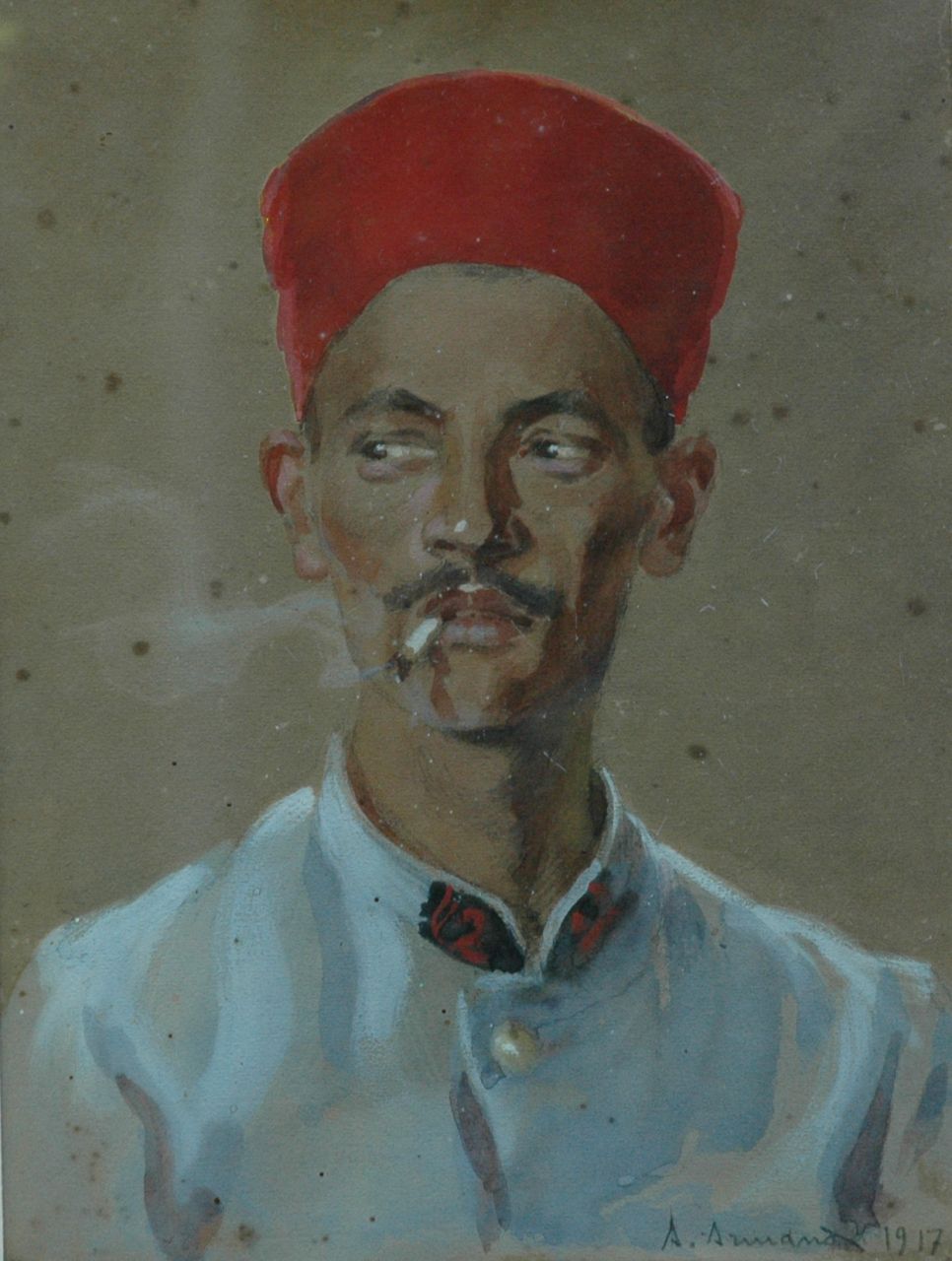 Franse School, 20e eeuw   | Franse School, 20e eeuw, Rokende man met fez, aquarel op papier 26,3 x 20,0 cm, gesigneerd rechtsonder 'A. Armand' en gedateerd 1917