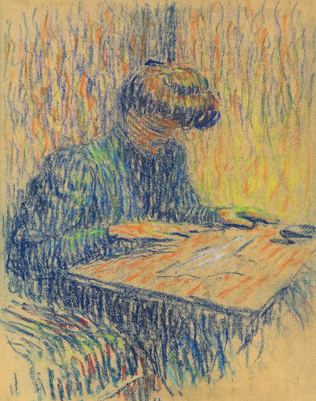Jouhaud L.  | Léon Jouhaud | Aquarellen en tekeningen te koop aangeboden | Het borduurwerk, krijt op papier 32,3 x 24,8 cm, gesigneerd rechtsonder monogram en te dateren 1909