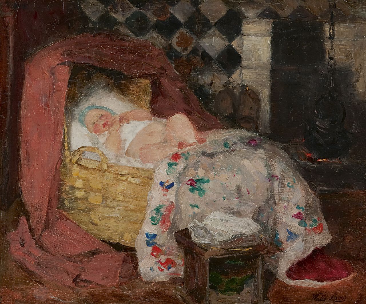 Moes W.W.  | Wilhelmina Walburga 'Wally' Moes, Larens interieur met baby in wieg, olieverf op doek 34,7 x 41,3 cm, gesigneerd rechtsonder