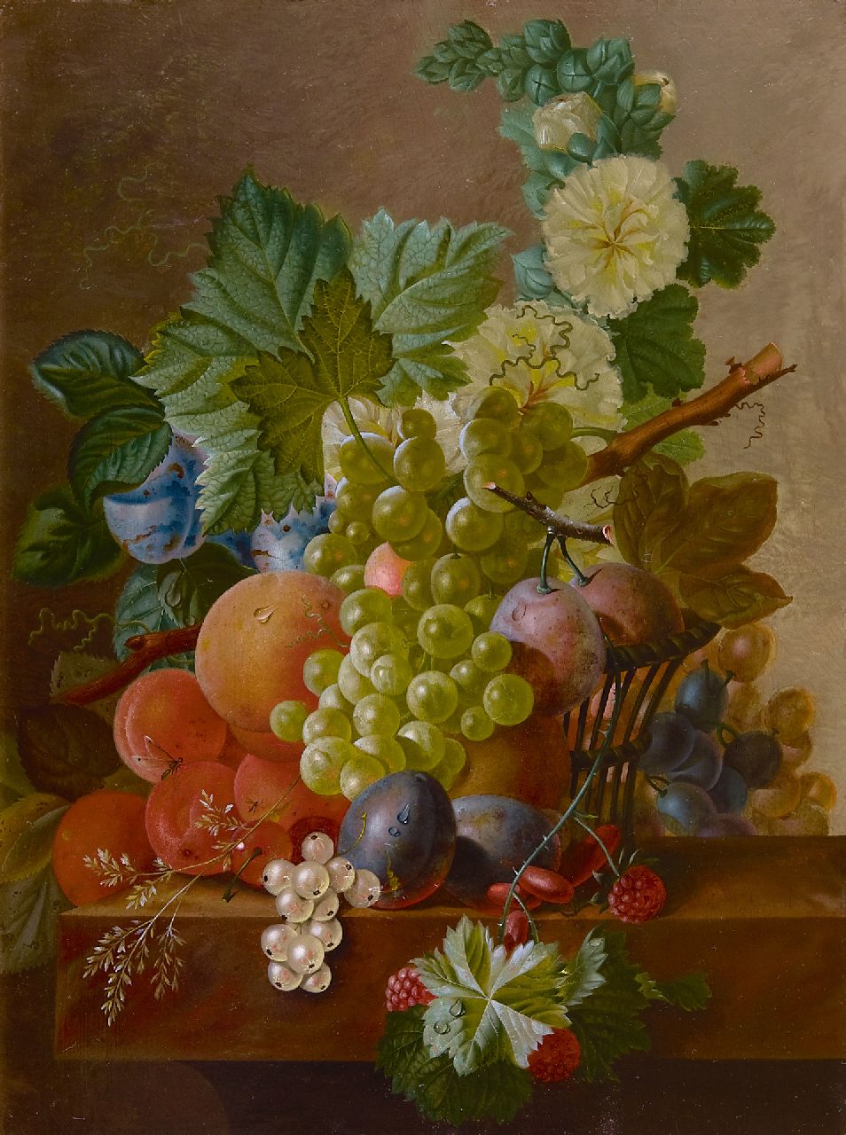 Johannes Cornelis de Bruyn | Druiven, perziken en ander fruit op een stenen plint, olieverf op paneel, 42,6 x 32,6 cm Johannes Cornelis de Bruyn | Druiven, perziken en ander fruit op een stenen plint, olieverf op paneel, 42,6 x 32,6 cm