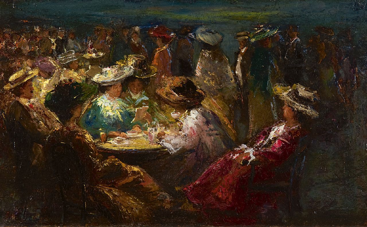 Helfferich F.W.  | Franciscus Willem 'Frans' Helfferich, Terras bij avond, olieverf op paneel 24,8 x 40,0 cm