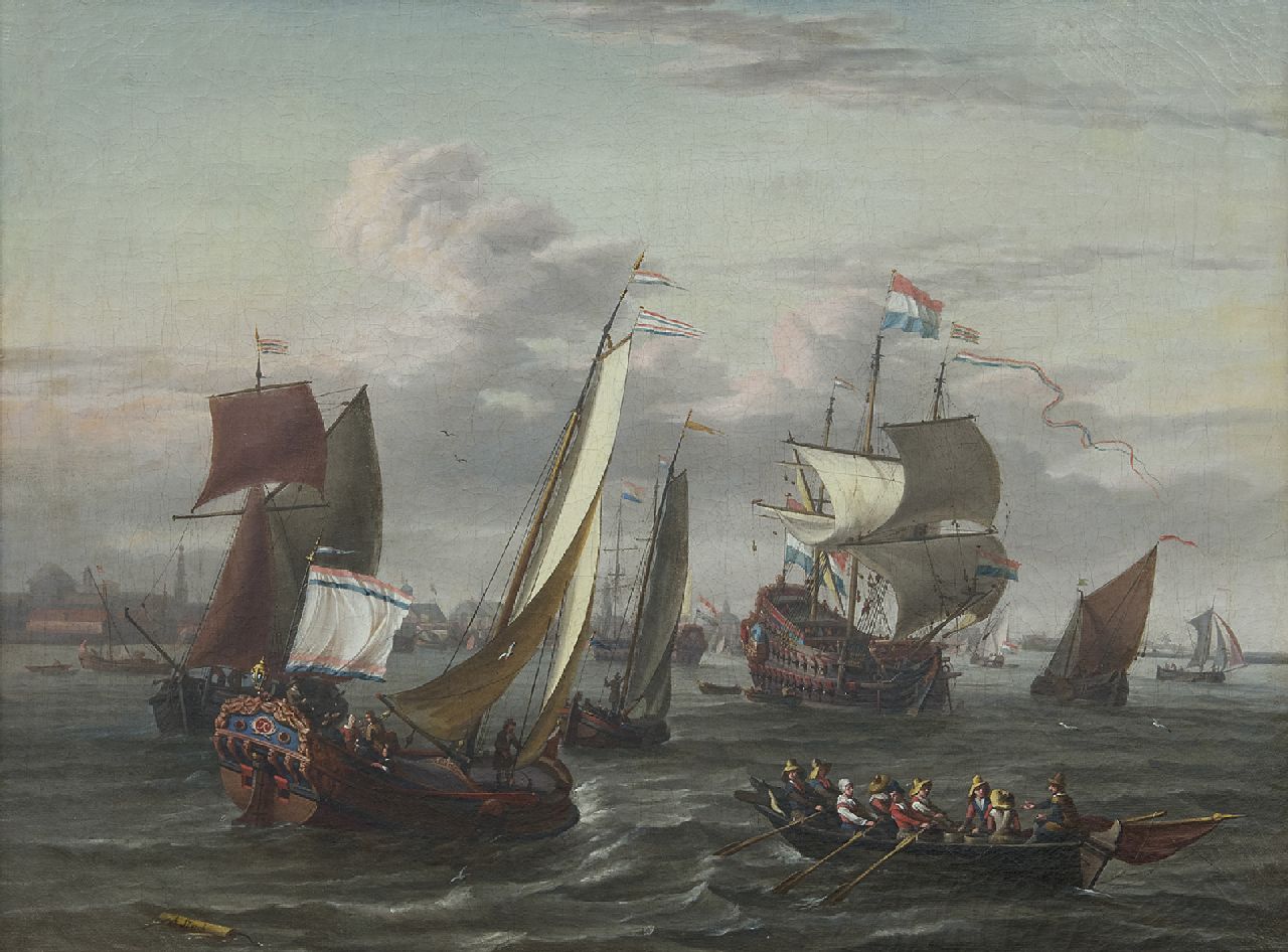 Blaauw J. de | Johannis de Blaauw, Schepen op het IJ bij Amsterdam, olieverf op doek 48,3 x 64,5 cm