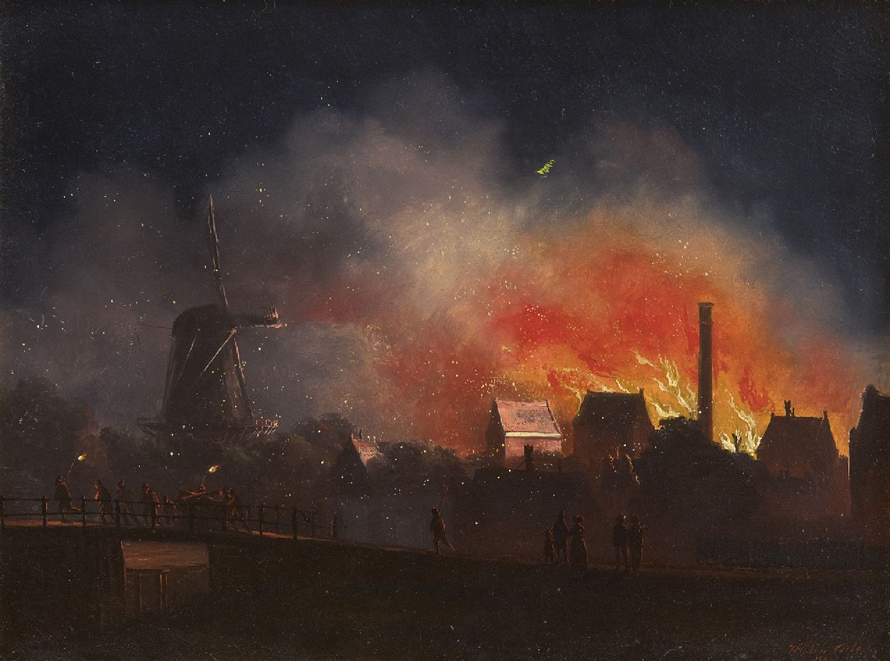Cate H.G. ten | Hendrik Gerrit ten Cate, Uitslaande brand bij nacht (mogelijk de suikerraffinaderij van J.H. Rupe & Zn te Amsterdam, op 19 oktober 1845), olieverf op paneel 21,0 x 27,7 cm, gesigneerd rechtsonder en gedateerd 1849 Cate H.G. ten | Hendrik Gerrit ten Cate, Uitslaande brand bij nacht (mogelijk de suikerraffinaderij van J.H. Rupe & Zn te Amsterdam, op 19 oktober 1845), olieverf op paneel 21,0 x 27,7 cm, gesigneerd rechtsonder en gedateerd 1849