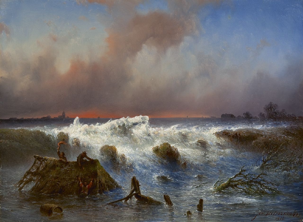 Hilverdink J.  | Johannes Hilverdink | Schilderijen te koop aangeboden | De dijkdoorbraak in de Grebbedijk op 5 maart 1855, olieverf op paneel 37,1 x 50,1 cm, gesigneerd rechtsonder en gedateerd 1855