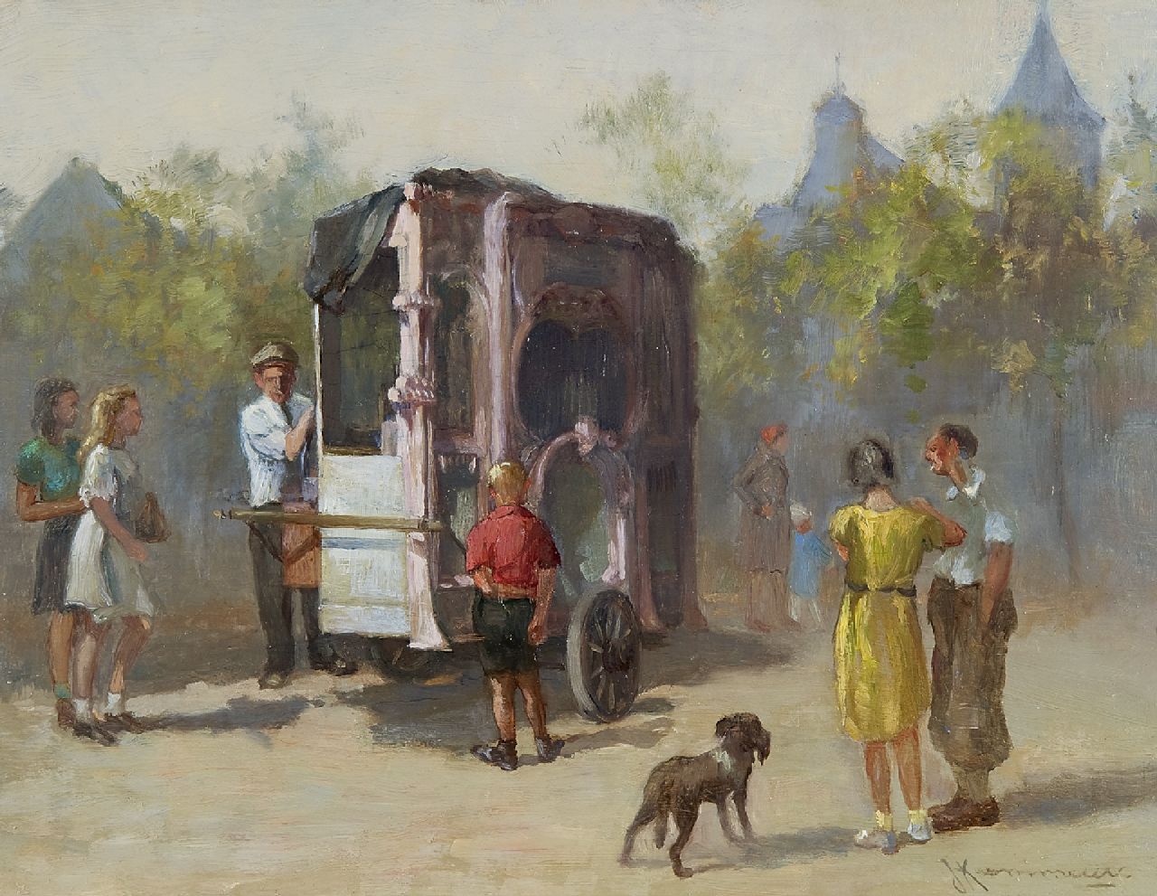 Johan Hendrik Kaemmerer | Het draaiorgel, olieverf op paneel, 21,6 x 27,8 cm, gesigneerd r.o.