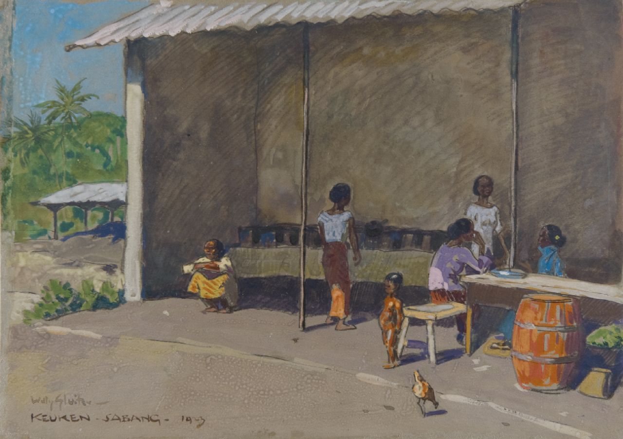Sluiter J.W.  | Jan Willem 'Willy' Sluiter, Keuken in Sabang, Indonesië, houtskool en aquarel op papier 23,8 x 33,2 cm, gesigneerd linksonder en gedateerd 1923
