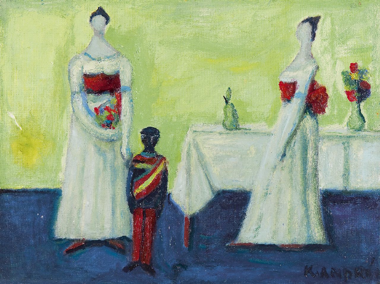 Andréa C.  | Cornelis 'Kees' Andréa, Twee vrouwen bij een tafel, olieverf op schildersboard 29,9 x 39,9 cm, gesigneerd rechtsonder