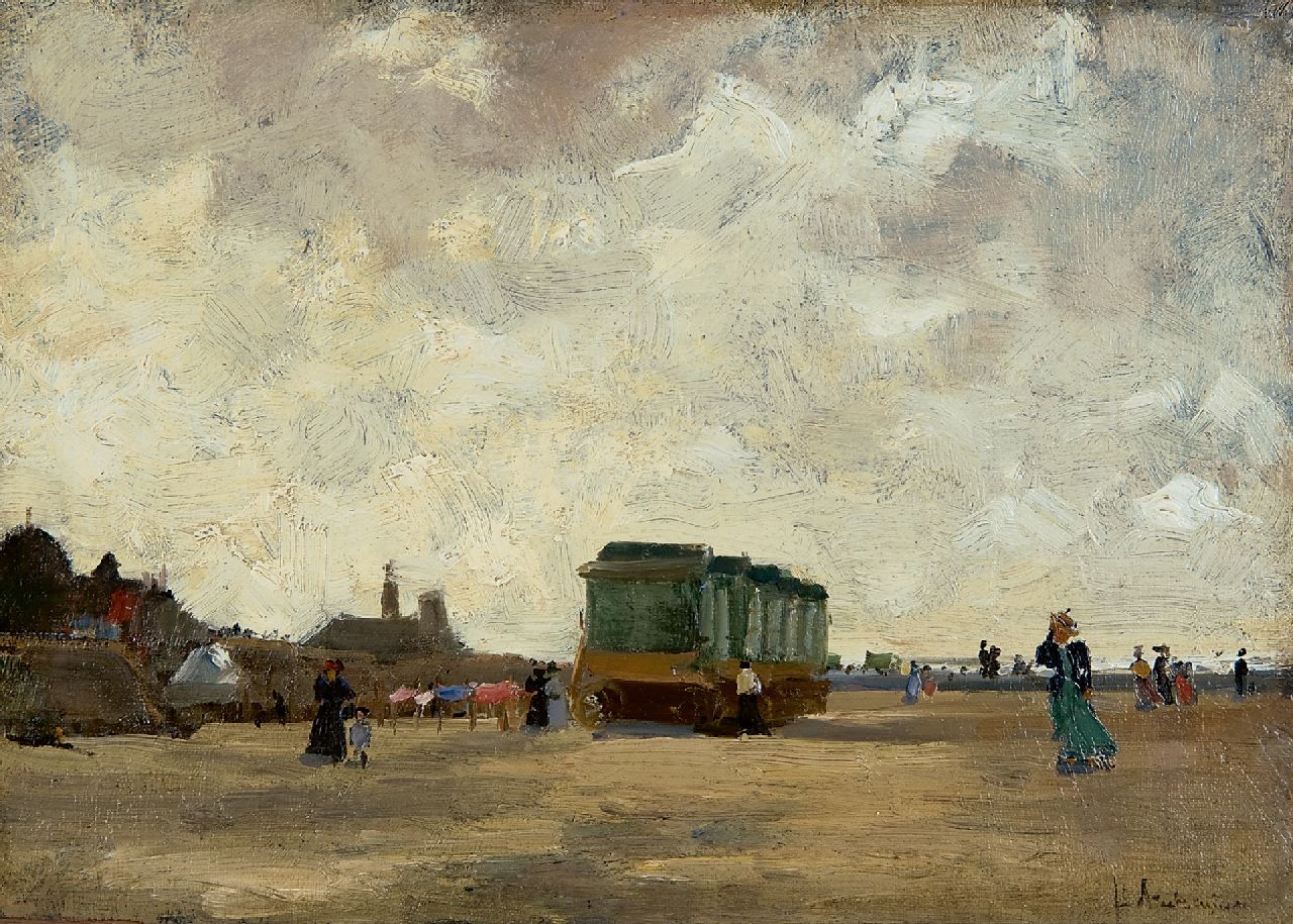 Arntzenius P.F.N.J.  | Pieter Florentius Nicolaas Jacobus 'Floris' Arntzenius | Schilderijen te koop aangeboden | Winderige dag op het Scheveningse strand, olieverf op doek op paneel 23,1 x 33,5 cm, gesigneerd rechtsonder