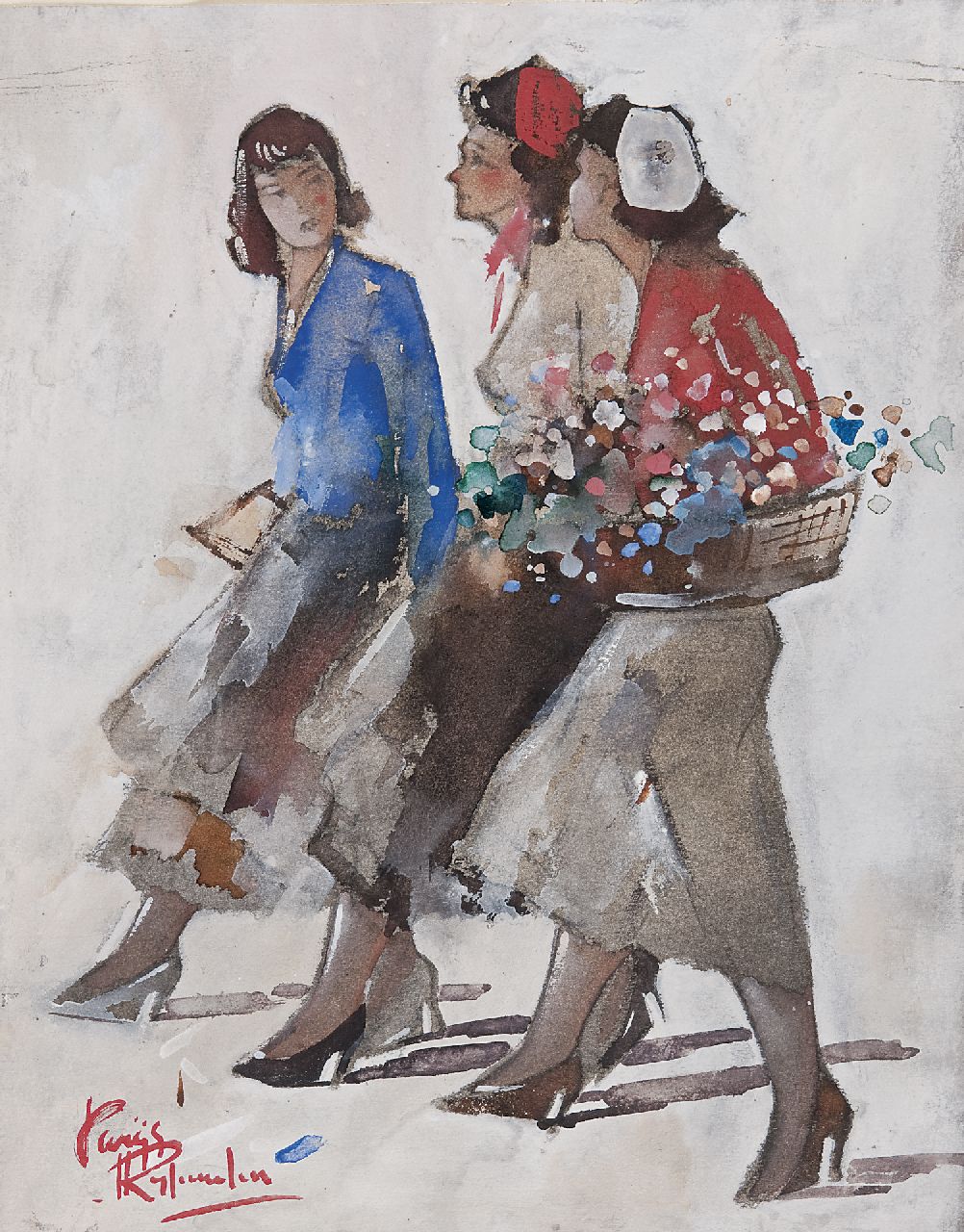 Rijlaarsdam J. | Jan Rijlaarsdam, Drie jonge vrouwen, Parijs, gouache op papier 34,1 x 26,9 cm, gesigneerd linksonder Rijlaarsdam J. | Jan Rijlaarsdam, Drie jonge vrouwen, Parijs, gouache op papier 34,1 x 26,9 cm, gesigneerd linksonder