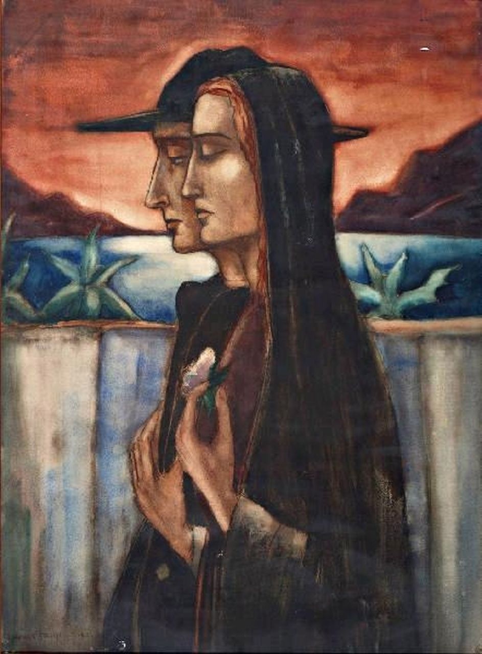 Schelfhout L. | Lodewijk Schelfhout, Vrouw en man, Corsica, krijt en aquarel op papier 93,4 x 68,6 cm, gesigneerd linksonder en gedateerd 1922 Schelfhout L. | Lodewijk Schelfhout, Vrouw en man, Corsica, krijt en aquarel op papier 93,4 x 68,6 cm, gesigneerd linksonder en gedateerd 1922