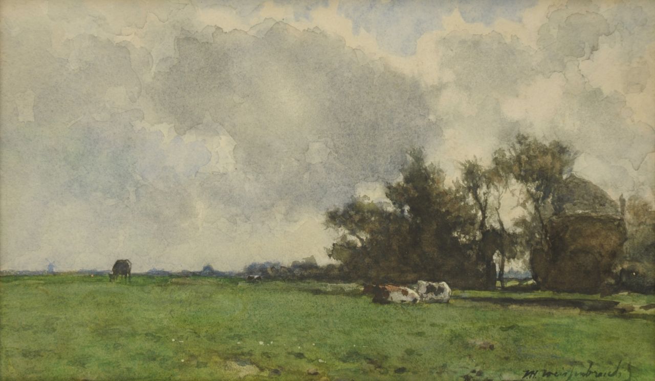 Weissenbruch H.J. | Hendrik Johannes 'J.H.' Weissenbruch, Rustende koeien bij een hooiberg, aquarel en gouache op papier 22,3 x 36,8 cm, gesigneerd rechtsonder Weissenbruch H.J. | Hendrik Johannes 'J.H.' Weissenbruch, Rustende koeien bij een hooiberg, aquarel en gouache op papier 22,3 x 36,8 cm, gesigneerd rechtsonder