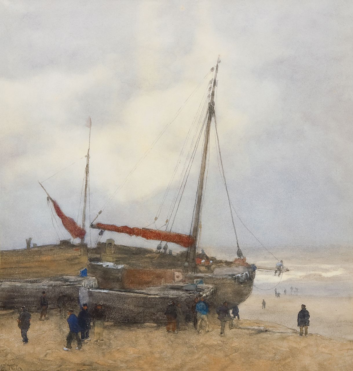 Tholen W.B. | Willem Bastiaan Tholen | Aquarellen en tekeningen te koop aangeboden | Bomschuiten op het strand van Scheveningen, aquarel en gouache op papier 55,0 x 52,0 cm, gesigneerd linksonder Tholen W.B. | Willem Bastiaan Tholen | Aquarellen en tekeningen te koop aangeboden | Bomschuiten op het strand van Scheveningen, aquarel en gouache op papier 55,0 x 52,0 cm, gesigneerd linksonder