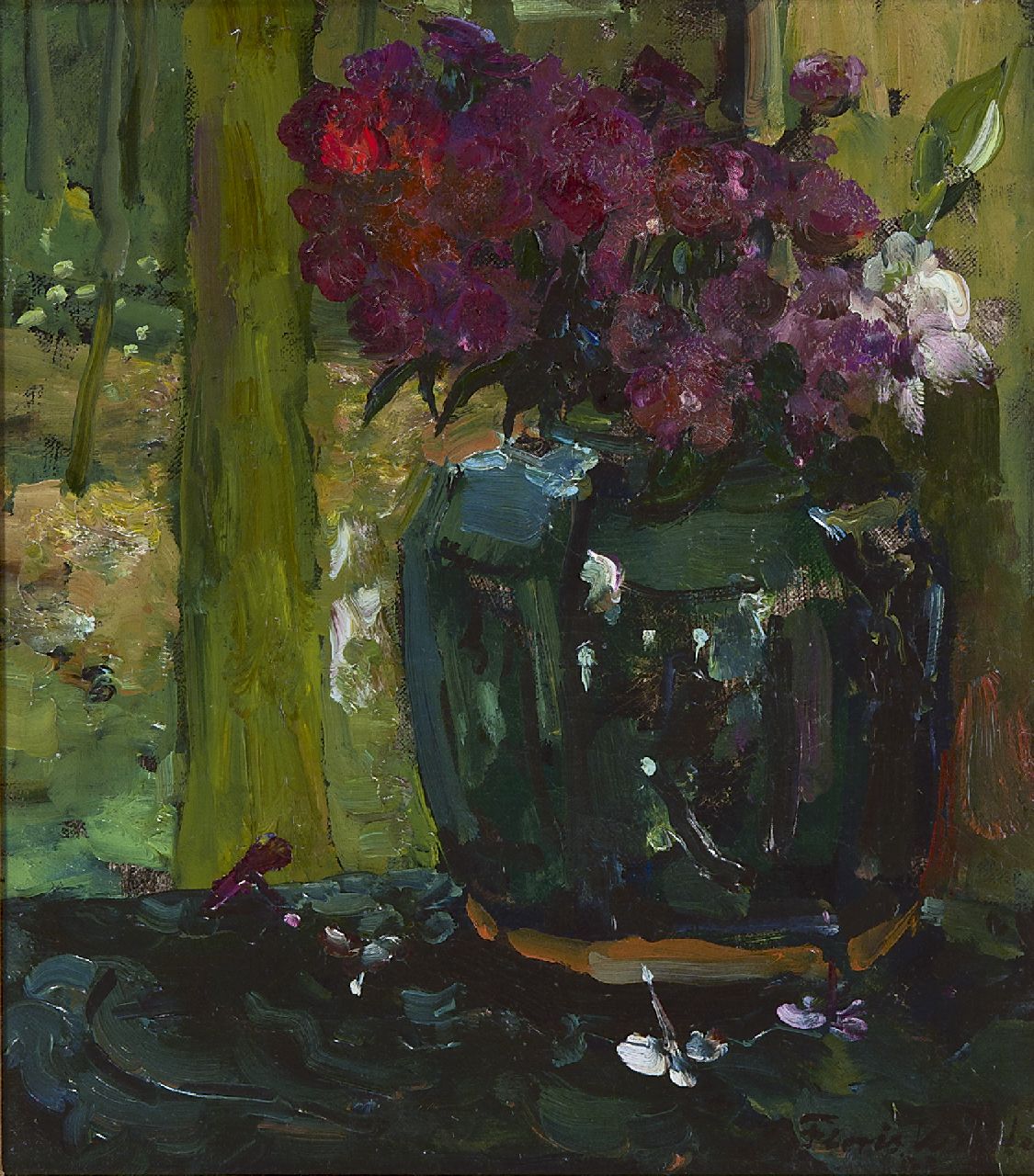Verster van Wulverhorst (Floris Verster) F.H.  | Floris Hendrik Verster van Wulverhorst (Floris Verster), Gemberpot met klimroosjes en flox, olieverf op doek 28,6 x 25,7 cm, gesigneerd rechtsonder en gedateerd '09