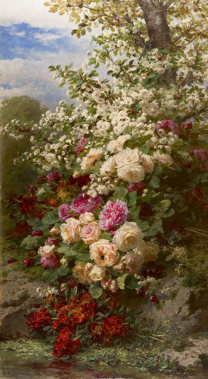 Robie J.B. | Jean-Baptiste Robie, Stilleven met rozen, olieverf op paneel 135,1 x 75,6 cm, gesigneerd linksonder Robie J.B. | Jean-Baptiste Robie, Stilleven met rozen, olieverf op paneel 135,1 x 75,6 cm, gesigneerd linksonder