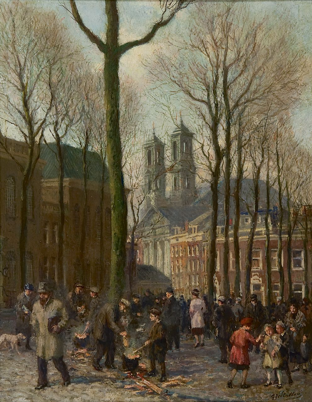 Staller G.J.  | Gerard Johan Staller, Gezicht op het Jonas Daniël Meijerplein in Amsterdam, olieverf op paneel 24,5 x 18,9 cm, gesigneerd rechtsonder