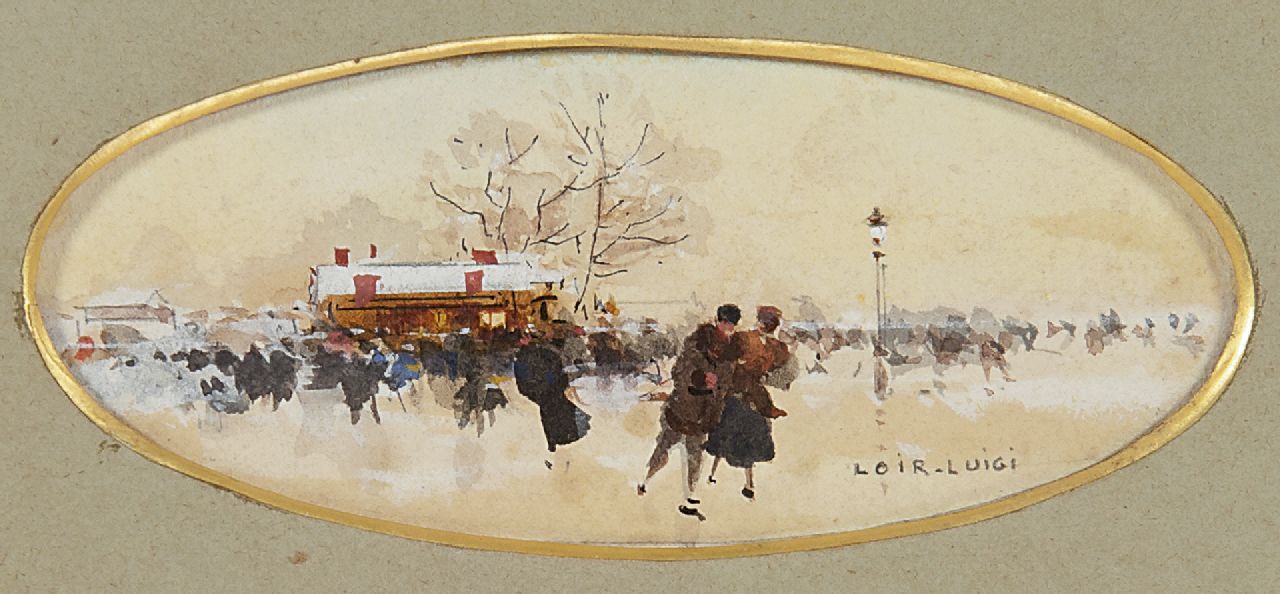 Loir A.F.J. | Aloys François Joseph 'Luigi' Loir, Schaatsers in het Bois de Boulogne, potlood, inkt, aquarel en gouache op papier 3,8 x 9,3 cm, gesigneerd rechtsonder Loir A.F.J. | Aloys François Joseph 'Luigi' Loir, Schaatsers in het Bois de Boulogne, potlood, inkt, aquarel en gouache op papier 3,8 x 9,3 cm, gesigneerd rechtsonder