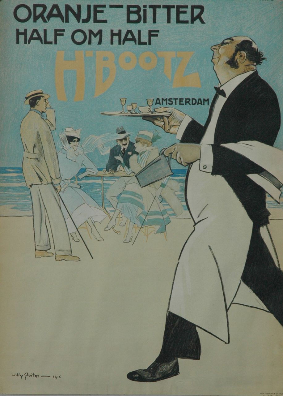Sluiter J.W.  | Jan Willem 'Willy' Sluiter, Poster 'Oranje-bitter half om half, H. Bootz', kleurenlithografie poster 81,1 x 60,0 cm, gesigneerd linksonder in de steen en gedateerd 1916 in de steen