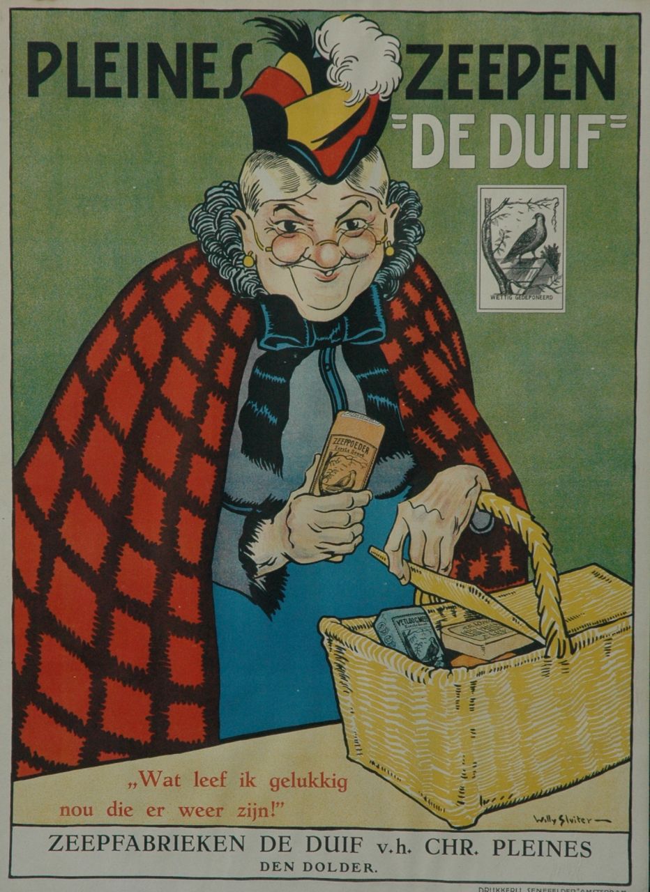 Sluiter J.W. | Jan Willem 'Willy' Sluiter, Poster 'Pleines zeepen 'De Duif'. Wat leef ik gelukkig nou die er weer zijn!', kleurenlitho poster (op linnen) 95,7 x 69,1 cm, gesigneerd rechtsonder in de steen Sluiter J.W. | Jan Willem 'Willy' Sluiter, Poster 'Pleines zeepen 'De Duif'. Wat leef ik gelukkig nou die er weer zijn!', kleurenlitho poster (op linnen) 95,7 x 69,1 cm, gesigneerd rechtsonder in de steen