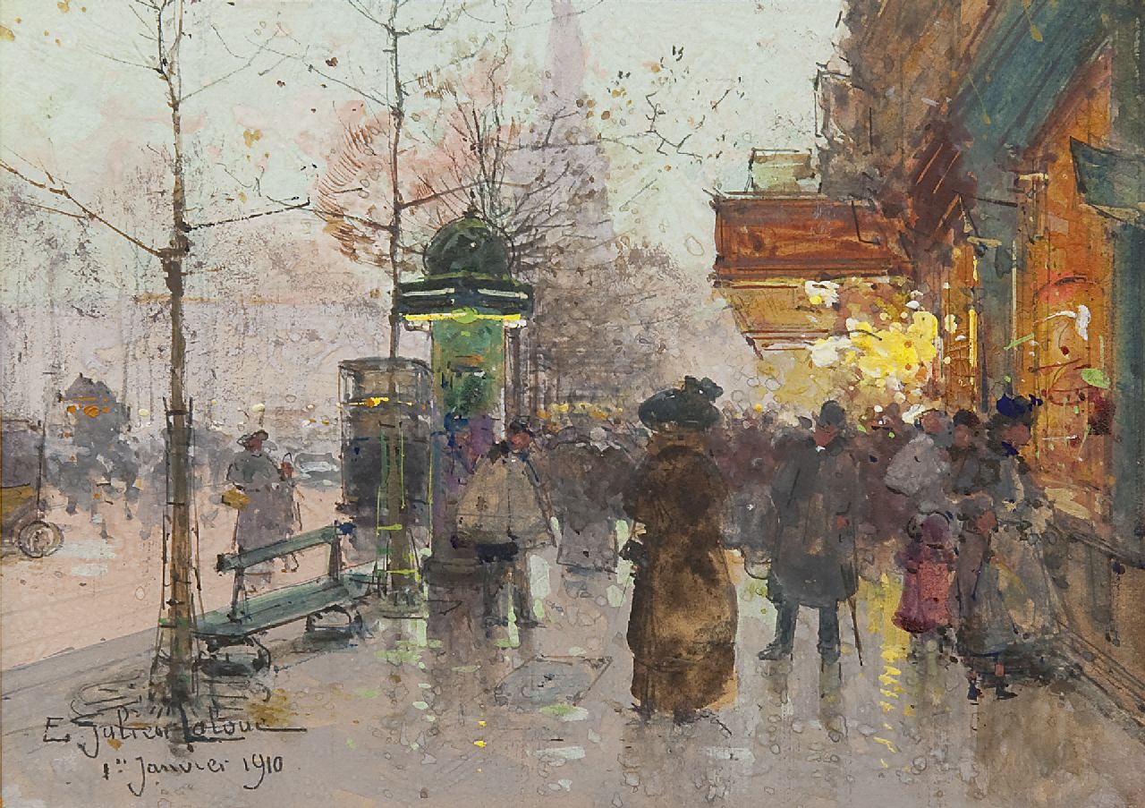 Galien-Laloue E.  | Eugène Galien-Laloue, Een Grand Boulevard in Parijs op Nieuwjaarsdag, aquarel en gouache op papier 13,2 x 18,2 cm, gesigneerd linksonder en gedateerd 1 Janvier 1910