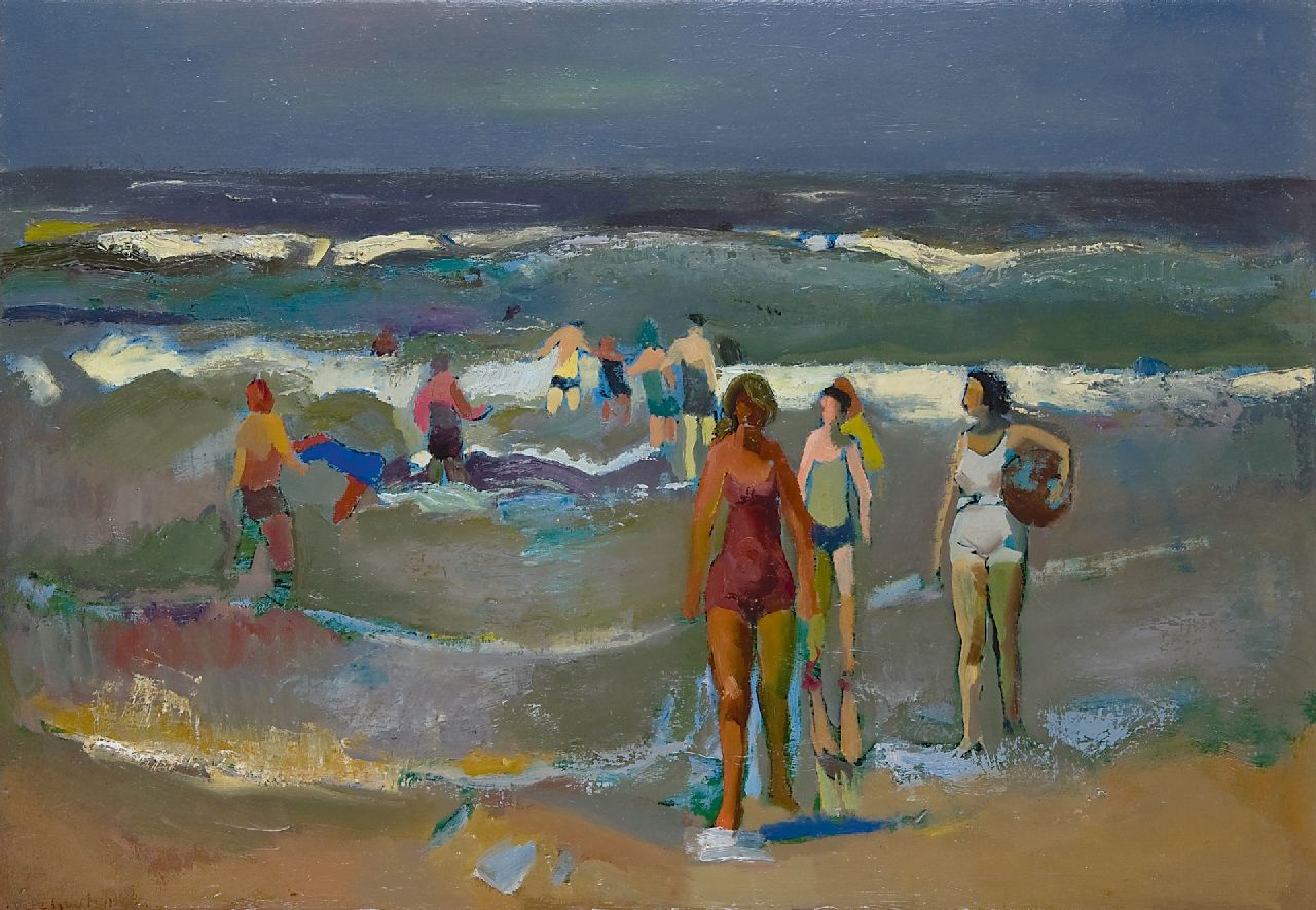Kuijten H.J. | Henricus Johannes 'Harrie' Kuijten, Strand met baders, olieverf op doek 44,4 x 64,8 cm, gesigneerd linksonder Kuijten H.J. | Henricus Johannes 'Harrie' Kuijten, Strand met baders, olieverf op doek 44,4 x 64,8 cm, gesigneerd linksonder
