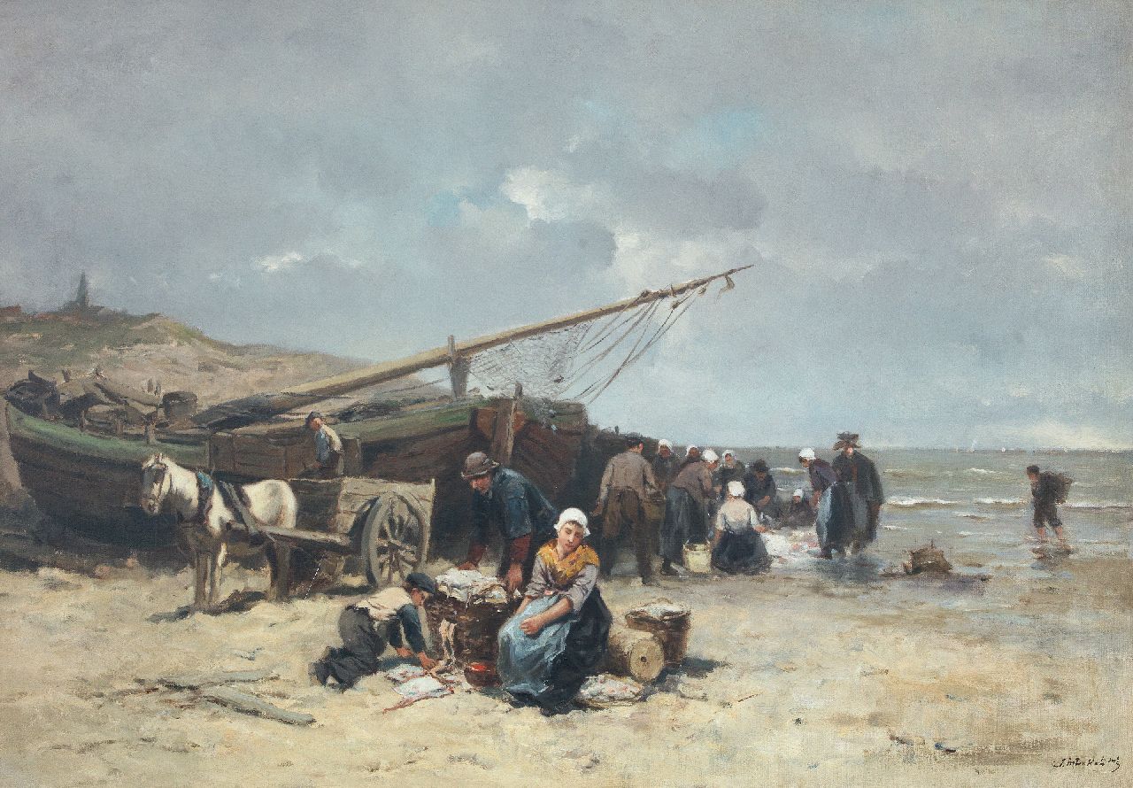 Kate J.M. ten | Johannes Marius ten Kate, Visafslag op het strand van Scheveningen, olieverf op doek 50,5 x 73,5 cm, gesigneerd rechtsonder Kate J.M. ten | Johannes Marius ten Kate, Visafslag op het strand van Scheveningen, olieverf op doek 50,5 x 73,5 cm, gesigneerd rechtsonder