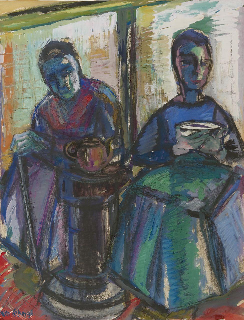 Eelsingh C.  | Christiana 'Stien' Eelsingh, Vrouwen bij potkachel, zwart krijt en gouache op papier 64,3 x 49,2 cm, gesigneerd linksonder en te dateren 1950-1955