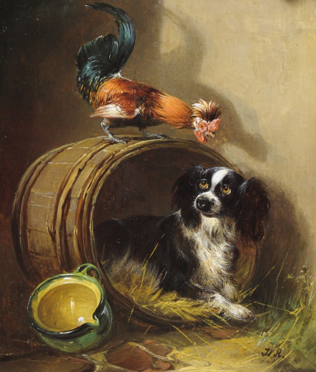 Ronner-Knip H.  | Henriette Ronner-Knip, Bij het ochtendkrieken pendant 16079, olieverf op paneel 18,9 x 15,8 cm, gesigneerd rechtsonder met initialen