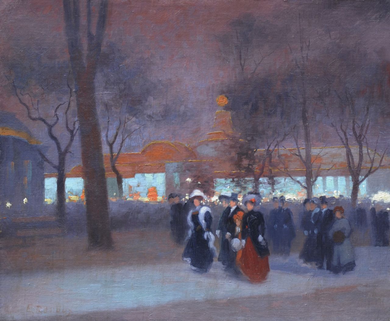 Renoux J.E.  | Jules Ernest Renoux, Parijs bij avond, olieverf op doek op board 46,4 x 55,6 cm, gesigneerd linksonder
