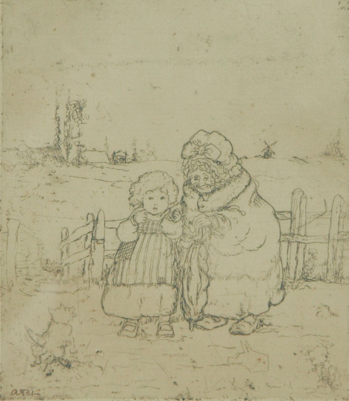 Klinkhamer A.  | Adrienne Klinkhamer, Oma met kind aan de hand, ets op papier 12,3 x 10,6 cm, gesigneerd linksonder met intialen (in pen)