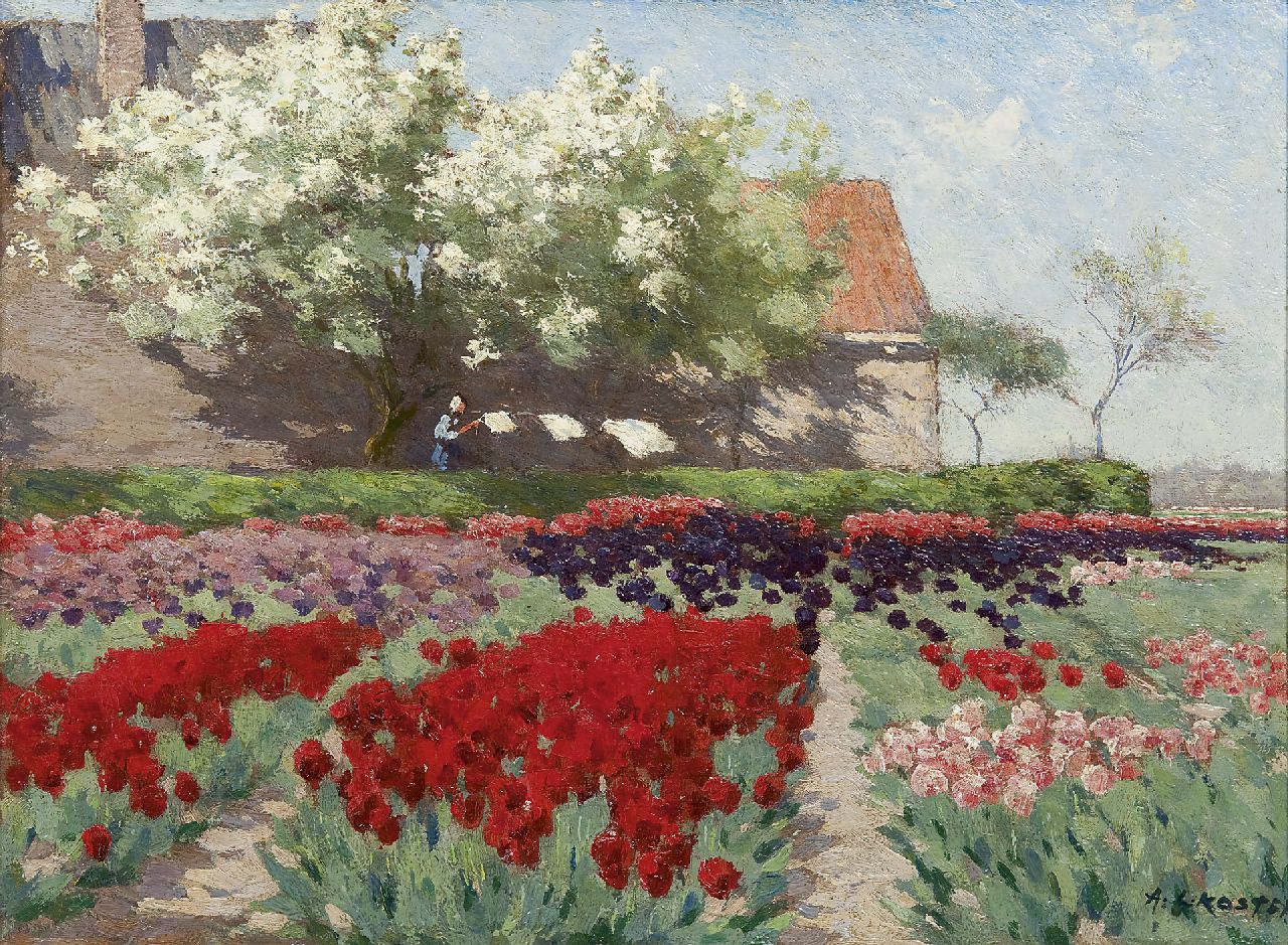 Koster A.L. | Anton Louis 'Anton' Koster, Bloeiende tulpenvelden en vruchtbomen, olieverf op doek 32,6 x 43,4 cm, gesigneerd rechtsonder Koster A.L. | Anton Louis 'Anton' Koster, Bloeiende tulpenvelden en vruchtbomen, olieverf op doek 32,6 x 43,4 cm, gesigneerd rechtsonder