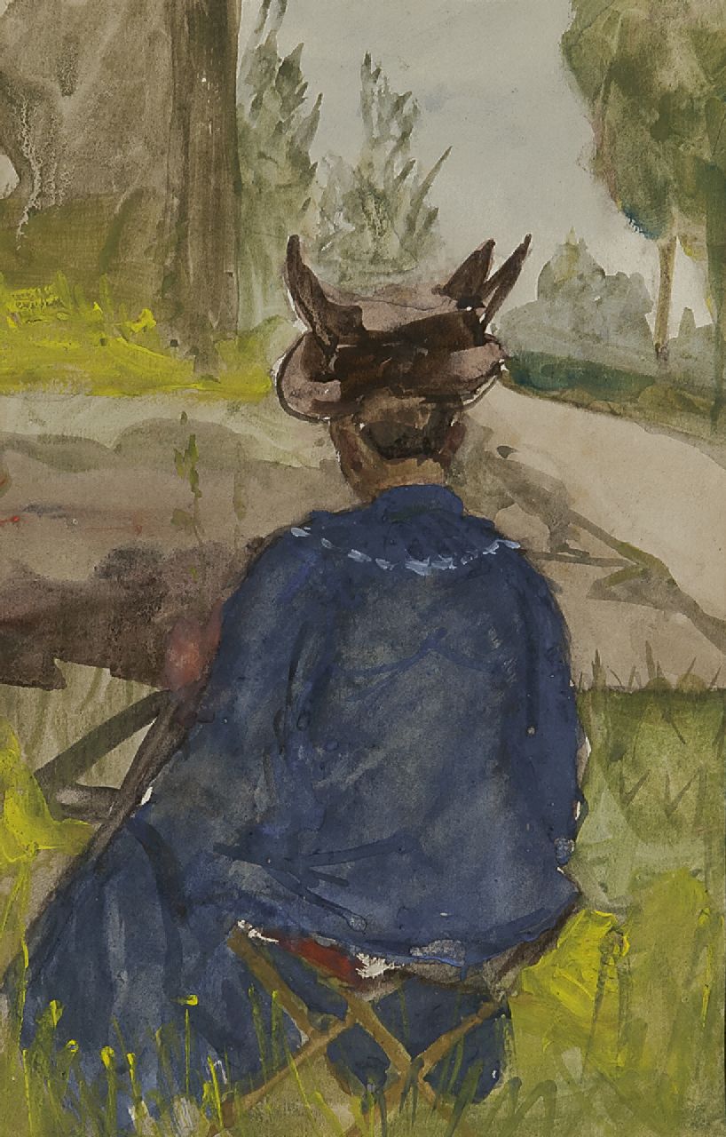 Repelius J.E. | Johanna Elisabeth 'Betsy' Repelius, De schilderes Thérèse Schwartze aan het werk, aquarel op papier 22,5 x 14,3 cm Repelius J.E. | Johanna Elisabeth 'Betsy' Repelius, De schilderes Thérèse Schwartze aan het werk, aquarel op papier 22,5 x 14,3 cm