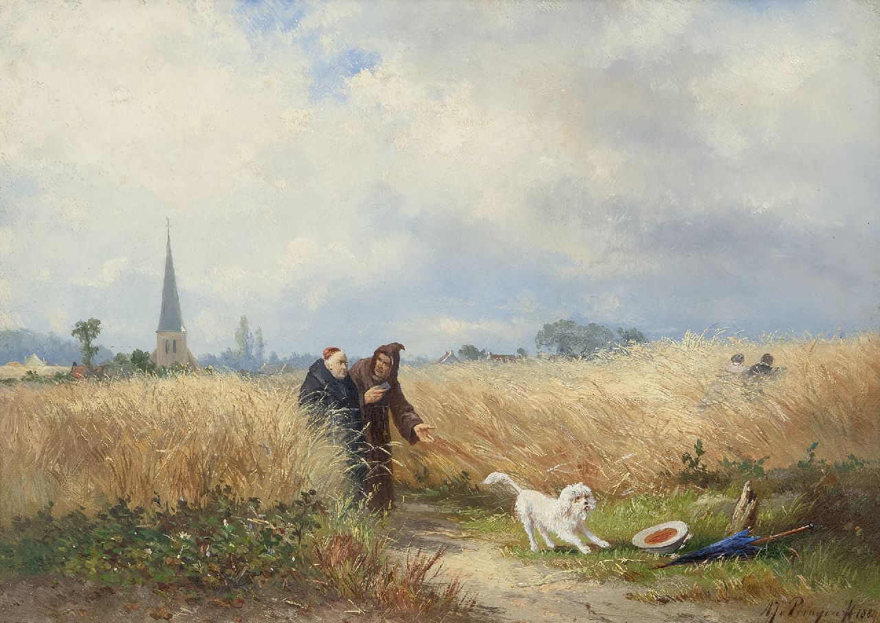 Prooijen A.J. van | Albert Jurardus van Prooijen, De verstoorde vrijage, olieverf op paneel 34,8 x 49,4 cm, gesigneerd rechtsonder en gedateerd 1884