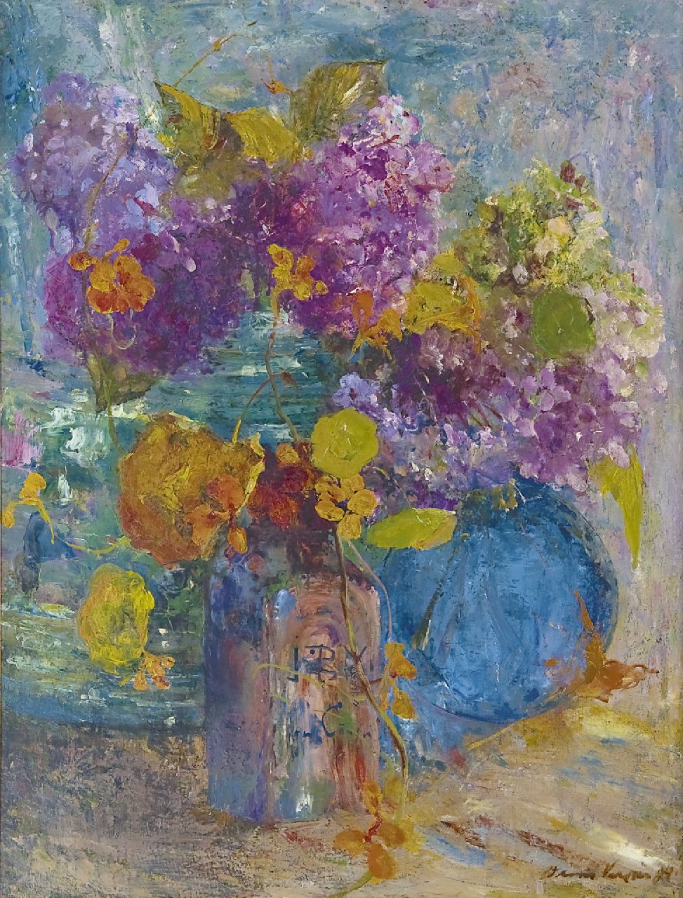 Verster van Wulverhorst (Floris Verster) F.H. | Floris Hendrik Verster van Wulverhorst (Floris Verster), Flessen met Oost-Indische kers en hortensia's, olieverf op doek 73,7 x 56,5 cm, gesigneerd rechtsonder en gedateerd '94 Verster van Wulverhorst (Floris Verster) F.H. | Floris Hendrik Verster van Wulverhorst (Floris Verster), Flessen met Oost-Indische kers en hortensia's, olieverf op doek 73,7 x 56,5 cm, gesigneerd rechtsonder en gedateerd '94