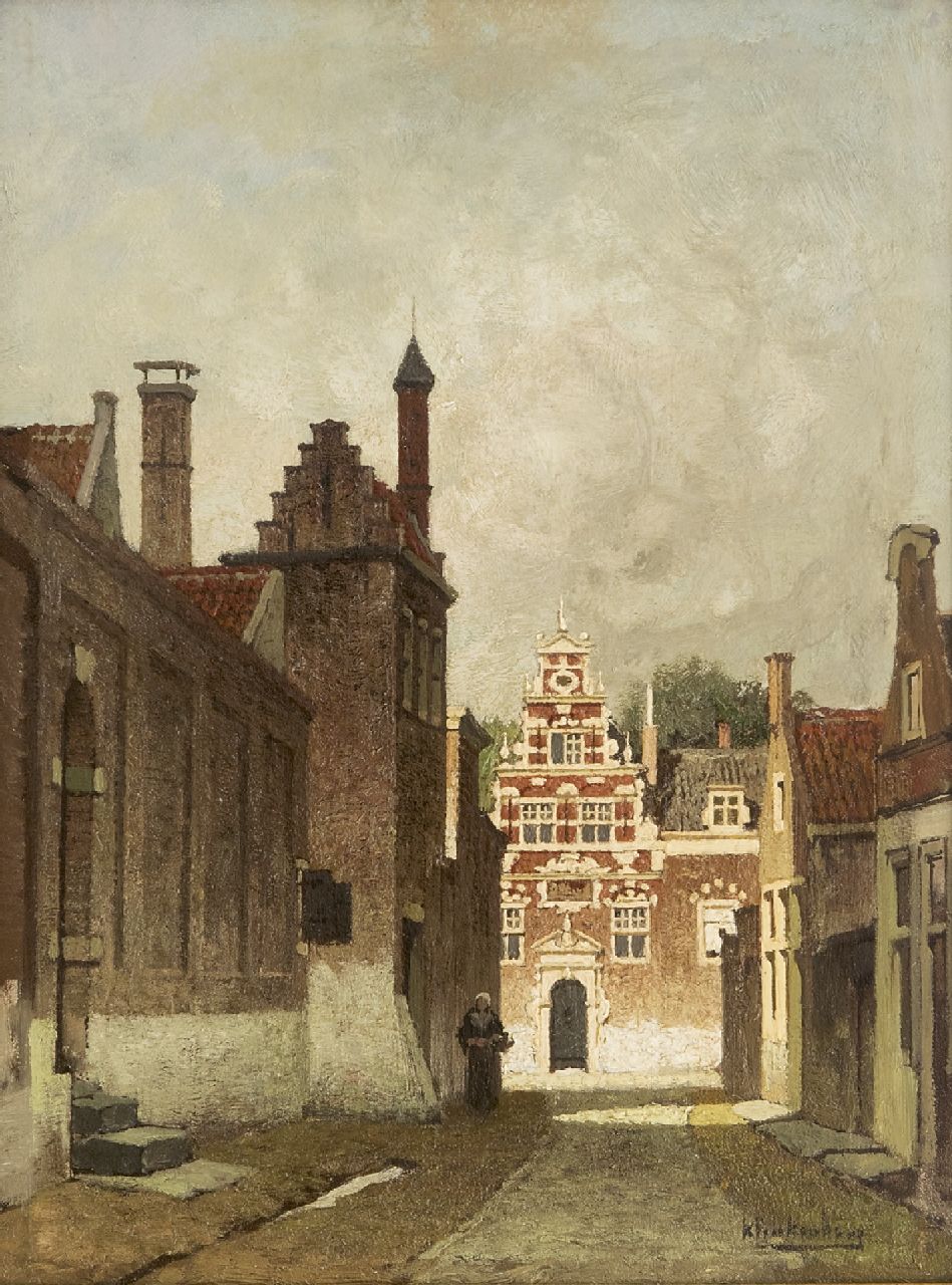 Klinkenberg J.C.K.  | Johannes Christiaan Karel Klinkenberg | Schilderijen te koop aangeboden | Zomers straatje (mogelijk Delft), olieverf op paneel 33,0 x 24,7 cm, gesigneerd rechtsonder